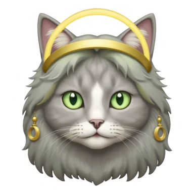 A grey long haired cat with light green eyes, with a halo sticker