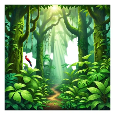 Cinematic Realistic Rainforest Emoji in a frame, Lush and vibrant, filled with towering trees, thick vines, and dense green foliage, sunlight filtering through the canopy above, creating dappled patches of light on the rich, diverse undergrowth. The air is heavy with moisture, with mist rising from the forest floor and distant calls of exotic birds and animals echoing through the trees. Soft glowing outline, capturing the essence of a thriving, untamed tropical paradise filled with life! sticker