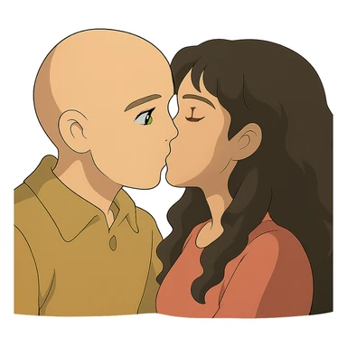 caucasian bald man with green eyes and caucasian woman with long curly dark hair and brown eyes kissing, ghibli style sticker