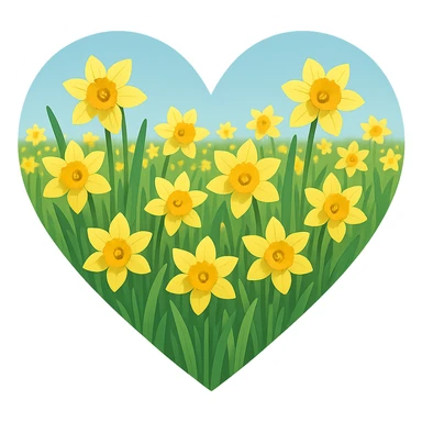 heart with a spring daffodil field, clean digital illustration sticker