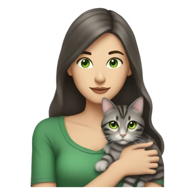 A woman with long dark brown hair and green eyes holds a gray tabby cat with green eyes in her arms sticker