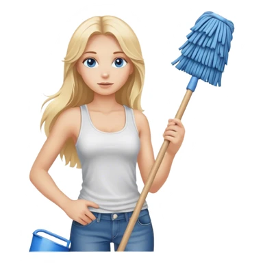  blonde with long hair and blue eyes, dressed in jeans and a tank top, holding a mop in her hands sticker
