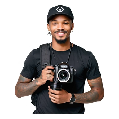A young, black, South African, male cinematographer dressed in a black round neck t-shirt, black pants and black baseball cap holding a mirrorless dslr camera in one hand. Dark brown eyes. Bright white smile. Minimal facial hair — a small moustache connected to a goatee. Arms covered in tattoos. sticker