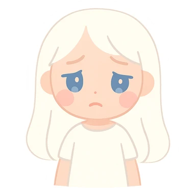 A girl with long white hair, blue eyes, sad and tired, wearing a white dress. sticker