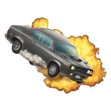 A car flying high after an explotion sticker
