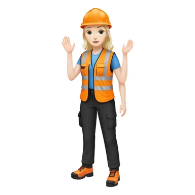 female, orange, hi-vis vest, dark trousers, shoes, hand raised sticker