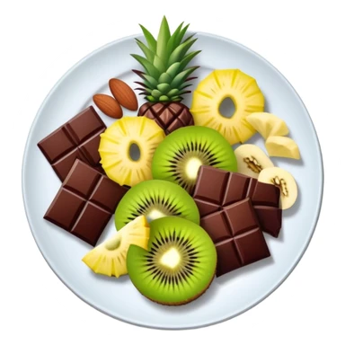 Evening snack plate with dark chocolate squares, mixed nuts, kiwi slice and pineapple chunks sticker