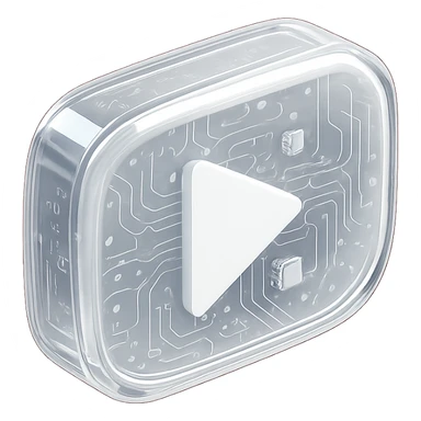 YouTube play button, white, centered, dark red background, glossy circuit style sticker