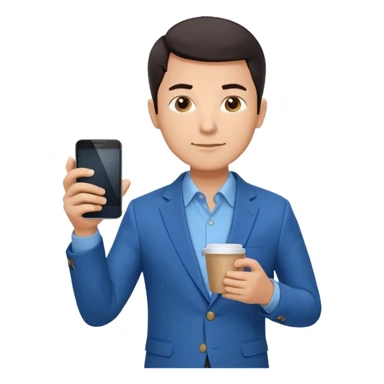 Confident male entrepreneur, short dark hair, slight smile, blue blazer over light blue shirt, holding a smartphone with a chart in one hand and a coffee cup in the other, front-facing, half-body sticker