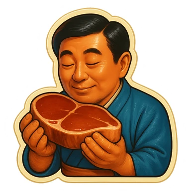 A Japanese man in traditional kimono with a loving look holds a steak in his hands, preparing to eat it sticker