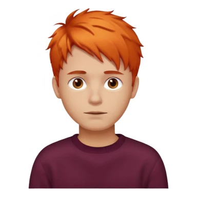 A guy with orange hair, short and messy, dark brown eyes, with a burgundy sweater sticker