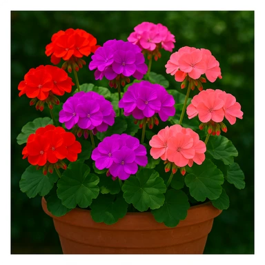 Add a flower pot under the geraniums, keep the vibrant style and colors, in a general style that supports editing. sticker