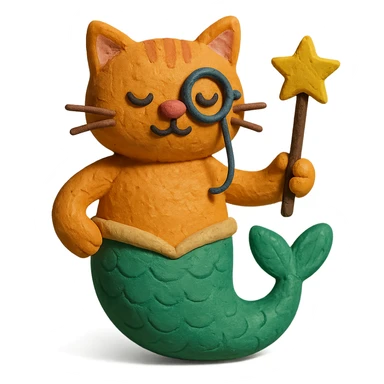 half cat half mermaid with a monocle and a magic wand in claymation style sticker
