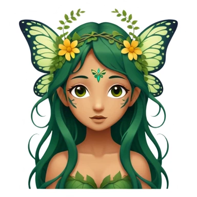 Cinematic Realistic Forest Nymph Fairy Portrait, depicted with lifelike, sun-kissed tanned skin that radiates an earthy glow, softly illuminated by natural, dappled light. Her long, flowing dark green hair is intricately detailed and interwoven with delicate vines and wildflowers, while her deep, soulful eyes mirror the wisdom of the forest. Dressed in an attire inspired by nature’s palette—with subtle botanical motifs—the portrait exudes a soft, enchanted glow that melds realism with woodland magic showing her large butterfly wings. sticker