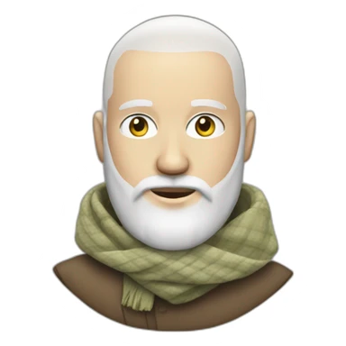 White head shaved man with a scarf on the back of the head wearing a beard sticker