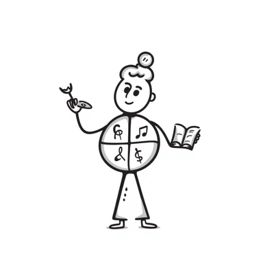 Hand-drawn metal man figure with a circular body divided into four segments, each containing symbols for different art forms: visual, musical, theatrical, and literary arts sticker