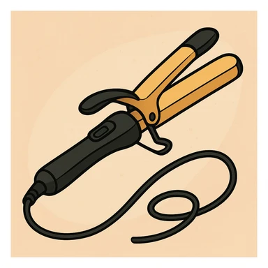 cartoon style curling iron, slightly open, black base, gold plates, electrical cord sticker