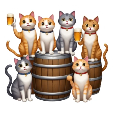 seven distinct cats standing around a beer keg, each cat drinking, all with goofy playful expressions sticker
