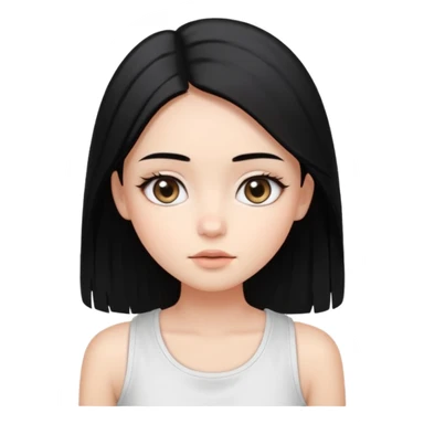 Smooth skin, soft shading, large expressive eyes, natural makeup. 
Long straight black hair, center part. 
Minimalistic and cute facial expression. 
White sleeveless top. 
Bright studio lighting, plain white background. 
High resolution, polished, modern, simple aesthetic. sticker