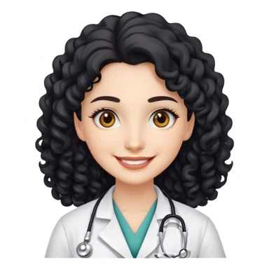 smiling doctor woman, brown eyes, white skin,  long black curly hair sticker