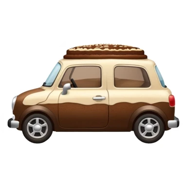 side view of a small car made from tiramisu, visible layers of coffee-soaked cake and mascarpone, dusted cocoa, cute and simple sticker