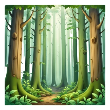 A dense woodland scene with overlapping trunks and misty atmosphere. sticker