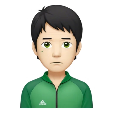 Seong Gi-hun : age 60, skinny and bony face, small mouth, unkempt black hair and tired eyes, Green player tracksuit. sticker