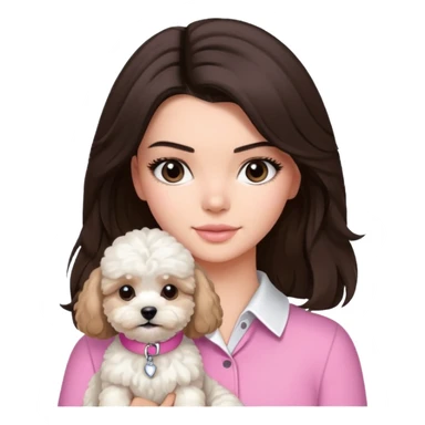 brunette Kendall Jenner with long hair holding on the hands white maltipoo wear on pink collar sticker
