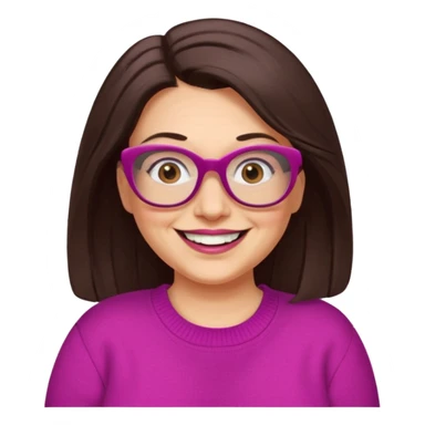 50 yr Caucasian woman, long dark brown hair parted on side, brown eyes, brown glasses, big smile, white teeth, fuscia sweater, chubby,  sticker