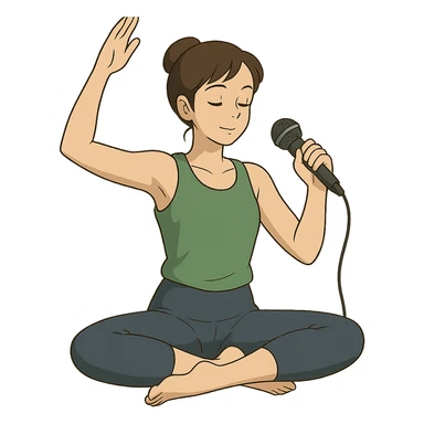 ghibli style illustration of a woman doing yoga with a microphone sticker