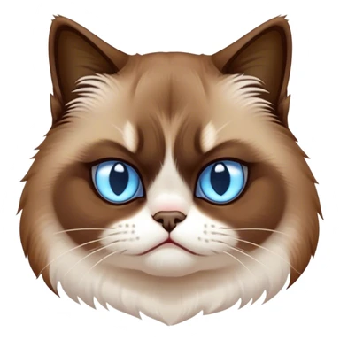 Cinematic Meme-Worthy Grumpy Snowshoe Cat Portrait Emoji, Head held high but eyes filled with dramatic disappointment, soft brown fur, white paws planted firmly in defiance, signature grumpy cat frown perfectly etched on its face, icy-blue eyes radiating pure disapproval, Simplified yet hilariously over-exaggerated features, highly detailed, glowing with an aura of supreme annoyance, high shine, exhausted yet judgmental, stylized with an almost regal pettiness, bright but brooding, soft glowing outline, capturing the essence of a feline that has seen it all and is thoroughly unimpressed, so meme-worthy it feels like it could instantly become the next viral sensation of grumpiness! sticker