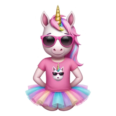 friendly anthropomorphised female unicorn in tutu and pink t-shirt, wearing dark sunglasses, relaxed pose, head and shoulders portrait sticker