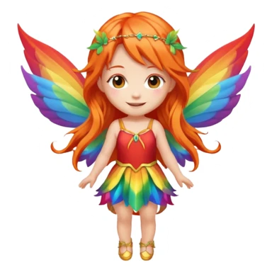 fairy with long orange hair, rainbow wings, red dress, happy, chibi full body sticker