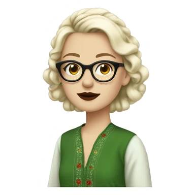 White girl in a green kurta with flower design, glasses, piercing, red lips, nose ring, full body, teen, short edgar hair,  sticker