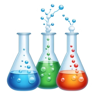 An icon featuring laboratory flasks with tubes, symbolizing chemistry. The design includes liquid and powder substances, a chemical reaction with bubbles, and molecular formulas, representing chemical processes like hydrolysis. Transparent background sticker
