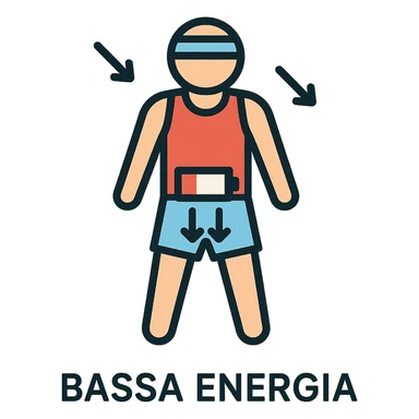 infografica in italiano, atleta con simbolo di batteria scarica nella zona pelvica, frecce che indicano Bassa energia e Stanchezza, colori tenui, stile medico, sfondo bianco sticker