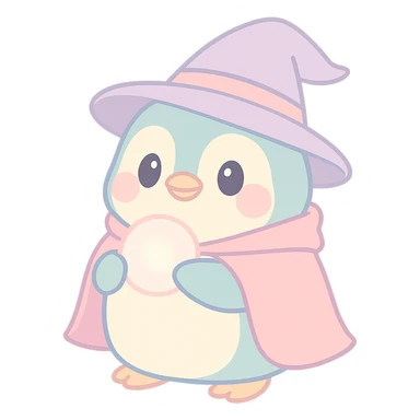 a chubby penguin wearing a wizard hat and cloak, holding a glowing orb, soft rounded style sticker