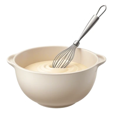 Cinematic Realistic Whisk & Mixing Bowl, a well-used metal whisk resting in a smooth ceramic mixing bowl, light reflecting off the whisk’s polished surface, subtle smears of batter along the rim, glowing with a sense of warmth and creativity. sticker