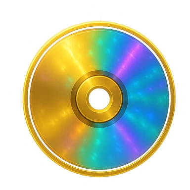 gold CD with a rainbow reflection, emoji style, holographic effect, glow effect sticker