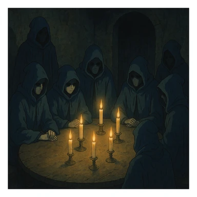 mysterious conclave gathering with hooded figures around a table illuminated by candlelight in ghibli style sticker
