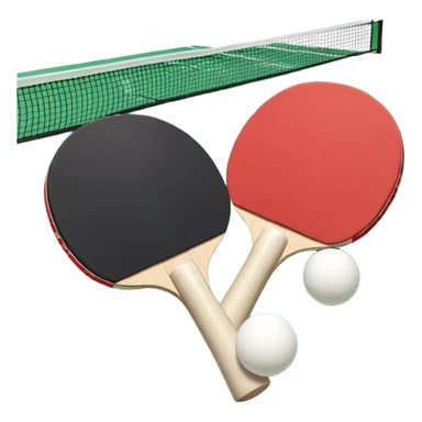 Two table tennis paddles and a ball placed on a ping pong table, with the net in the background. The scene conveys the simplicity and focus of the sport, with vibrant colors highlighting the rackets and ball on the smooth surface of the table. sticker