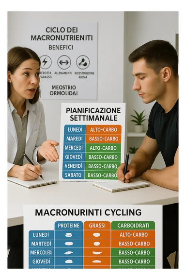 a nutritionist explains to an athlete how to cycle macronutrients for fat loss and training. On the desk, a weekly meal planner shows alternating high-carb and low-carb days, with color-coded sections for proteine, grassi, and carbo. The athlete takes notes, and a chart in the background illustrates the benefits of nutrient cycling. The mood is professional and educational. scritto in italiano sticker