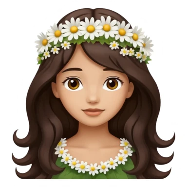 Medium skin tone female, long dark-brown hair with gentle waves, wearing a white daisy floral crown. sticker