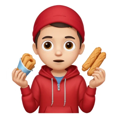 ute funny Spanish cartoon boy named Peque Tito, red hoodie, denim shorts, big expressive eyes, holding a churro, Pixar-style, viral character.” sticker