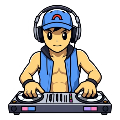 Tall muscular ash ketchum wearing no shirt being a dj  sticker