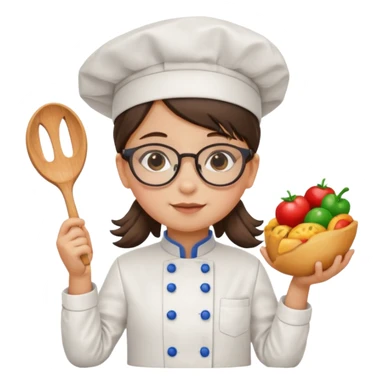 girl kid italian chef, uniform, wearing glasses, holding toy sticker