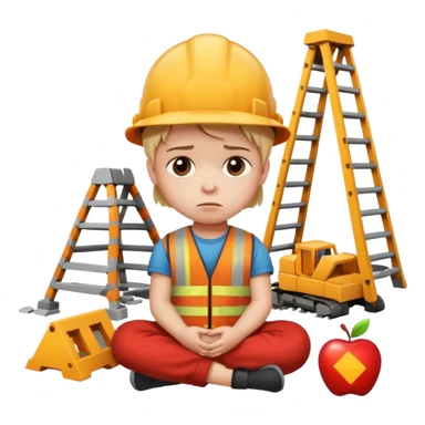 small child sitting on the floor, broken construction set nearby, sad face, apple style emoji sticker