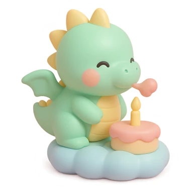 happy dragon blowing out 1 candle on cloud cake, vinyl figure style sticker