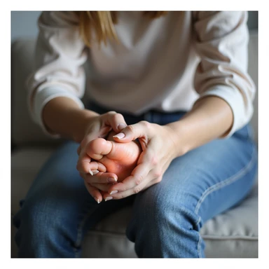adult woman sitting holding painful foot, pain also in knees, caused by orthotic insole, realistic style, natural details, light background sticker