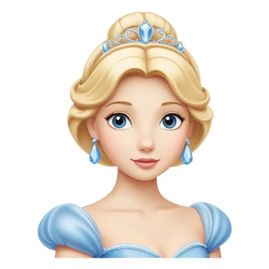 Cinematic Elegant Cinderella Portrait Emoji, rendered in a realistic, vector-style with minimal shading and bold, simplified shapes. Depict Cinderella in her classic ball gown (chest and above) with fair, porcelain skin and elegantly styled blonde hair, her eyes soft and kind, and her expression serene and graceful. The design glows with a gentle, enchanting radiance and high shine, capturing the timeless beauty of a fairy tale princess. sticker